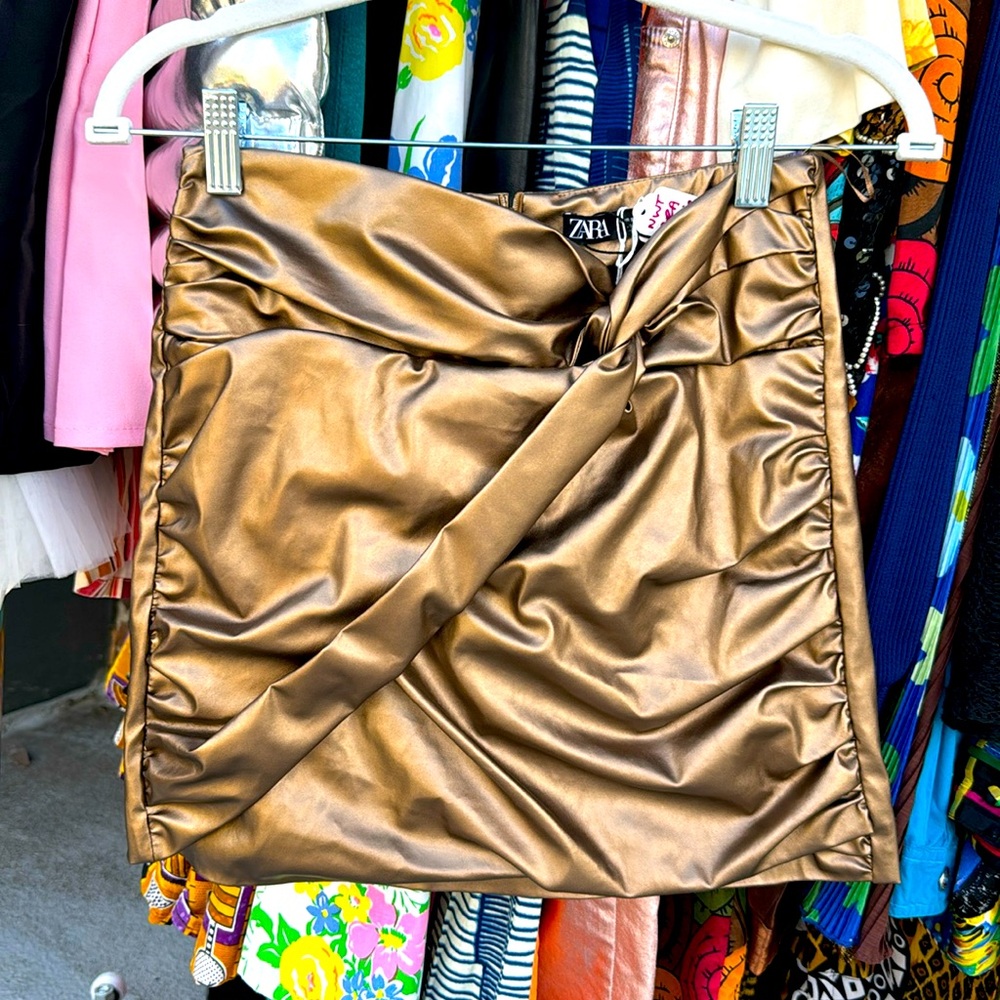 Zara Metallic Bronze Knot Twist Front Mini Skirt